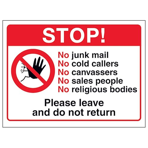 V Safety Stop! No Junk Mail, No Cold...Please Leave and Do Not Return Sicherheitsschild, Aluminiumverbundstoff, 200 x 150 mm, 3 mm V Safety Stop! No Junk Mail, No Cold...Please Leave and Do Not Return Sicherheitsschild, Aluminiumverbundstoff, 200 x 150 mm, 3 mm von VSafety
