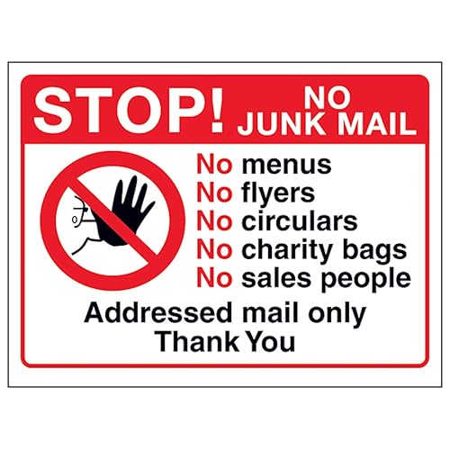 V Safety Stop! No Junk Mail, No Menus, No...Addressed Mail, Thank You, 200 x 150 mm, 3 mm Sicherheitsschild aus Aluminiumverbundstoff V Safety Stop! No Junk Mail, No Menus, No...Addressed Mail, Thank You, 200 x 150 mm, 3 mm Sicherheitsschild aus Aluminiumverbundstoff von VSafety