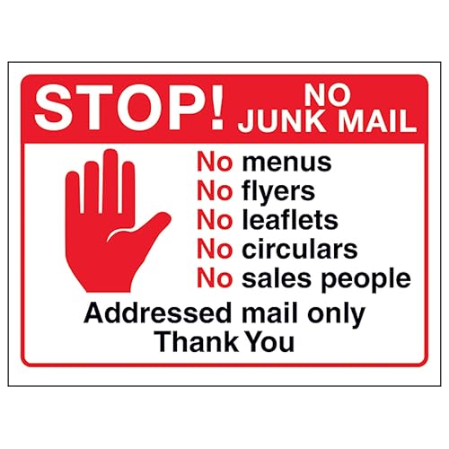 V Safety Stop! No Junk Mail, No Menus, No...Addressed Mail Only, Thank You, 150 x 100 mm, 3 mm Sicherheitsschild aus Aluminiumverbundstoff V Safety Stop! No Junk Mail, No Menus, No...Addressed Mail Only, Thank You, 150 x 100 mm, 3 mm Sicherheitsschild aus Aluminiumverbundstoff von VSafety