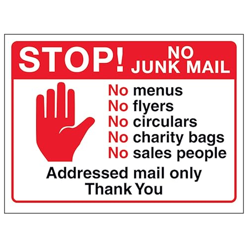 V Safety Stop! No Junk Mail, No Menus...Addressed Mail Only, Thank You, 150 x 100 mm, 3 mm Sicherheitsschild aus Aluminiumverbundstoff V Safety Stop! No Junk Mail, No Menus...Addressed Mail Only, Thank You, 150 x 100 mm, 3 mm Sicherheitsschild aus Aluminiumverbundstoff von VSafety