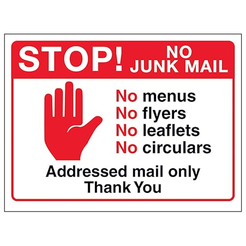 V Safety Stop! No Junk Mail, No Menus...Addressed Mail Only, Thank You, 150 x 100 mm, 3 mm Sicherheitsschild aus Aluminiumverbundstoff V Safety Stop! No Junk Mail, No Menus...Addressed Mail Only, Thank You, 150 x 100 mm, 3 mm Sicherheitsschild aus Aluminiumverbundstoff von VSafety