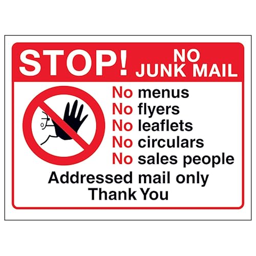 V Safety Stop! No Junk Mail - No Menus, No Flyers, No Circulars, No Sales... 150 x 100 mm – 3 mm Sicherheitsschild aus Aluminiumverbundstoff V Safety Stop! No Junk Mail - No Menus, No Flyers, No Circulars, No Sales... 150 x 100 mm – 3 mm Sicherheitsschild aus Aluminiumverbundstoff von VSafety