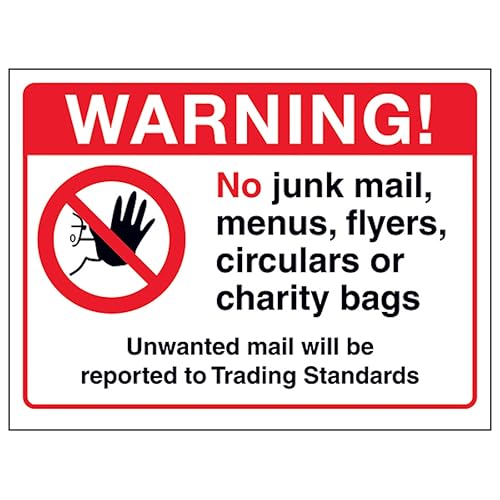 V Safety Warning! No Junk Mail, Menus...Unwanted Mail Will Be Reported... 200 x 150 mm – 3 mm Sicherheitsschild aus Aluminiumverbundwerkstoff V Safety Warning! No Junk Mail, Menus...Unwanted Mail Will Be Reported... 200 x 150 mm – 3 mm Sicherheitsschild aus Aluminiumverbundwerkstoff von VSafety