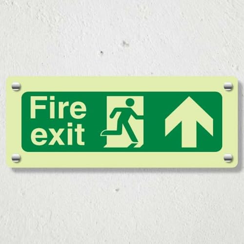 V Safety nachleuchtendes Sicherheitsschild "Fire Exit", Pfeil nach oben, 600 x 200 mm, 1,2 mm starrer Kunststoff, doppelt leuchtend von VSafety