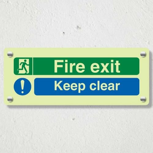 V Safety nachleuchtendes Sicherheitsschild "Fire Exit - Keep Clear", Doppel-Symbol, 600 x 200 mm, 1,2 mm starrer Kunststoff, Standardleuchtung von VSafety