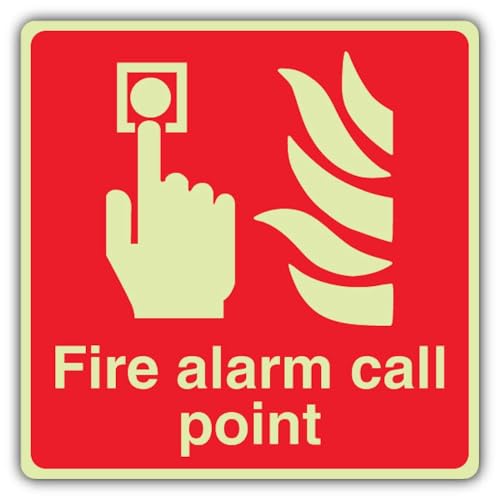 V Safety nachleuchtendes Warnschild mit Feueralarm, quadratisch, 450 x 450 mm, 1,2 mm starrer Kunststoff, Standardleuchtung von VSafety