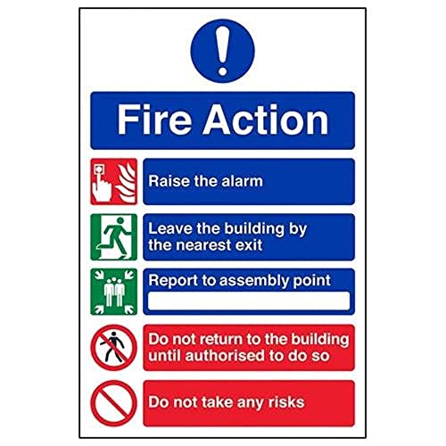 VSafety englisches Schild „Fire Action“, 5 Nachrichtenrisiken, Hochformat, 200 x 300 mm, selbstklebendes Vinyl von VSafety