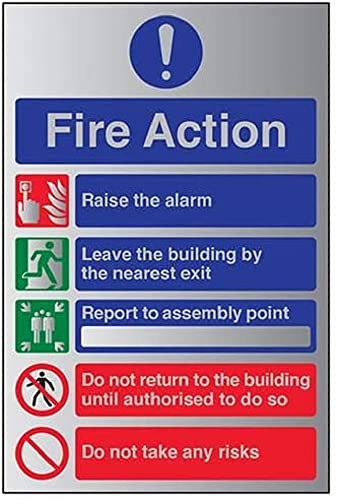 VSafety 12006BC-ACBRSH Warnschild General Fire Action 5 Message Risks, 300 mm x 400 mm-3 mm, gebürstetes Aluminium Comp von VSafety