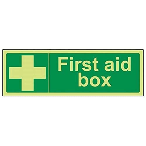 VSafety 31014AX-G "First Aid Box" Erste-Hilfe-Schild, leuchtet im Dunkeln, 1 mm Kunststoff, Querformat, 300 mm x 100 mm, grün von VSafety