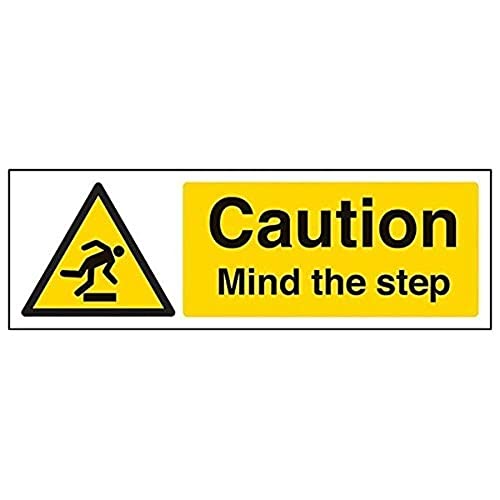 VSafety Warnschild mit Aufschrift auf Englisch „Caution Mind The Step“, Querformat, 300 mm x 100 mm, 2 mm, starrer Kunststoff von VSafety