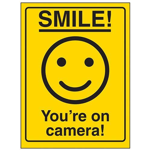 V Safety 6E064AU-RY Motiv Schild mit Smiley-Gesicht, You're on Camera, 200 mm x 300 mm, starrer Kunststoff, Schwarz, 200mm x 300mm von V Safety