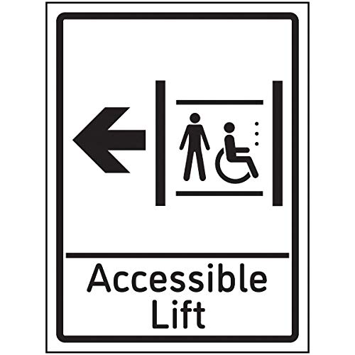 VSafety Accessible Lift Arrow Left Schild – 150 x 200 mm – Selbstklebende Aluminium-Optik von VSafety