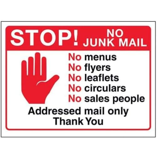 V Safety DP052AL-S Schild mit Aufschrift Stop Hand: No Junk, Adressed Mail Only 150 mm x 100 mm, selbstklebendes Vinyl, rot, 150mm x 100mm von V Safety