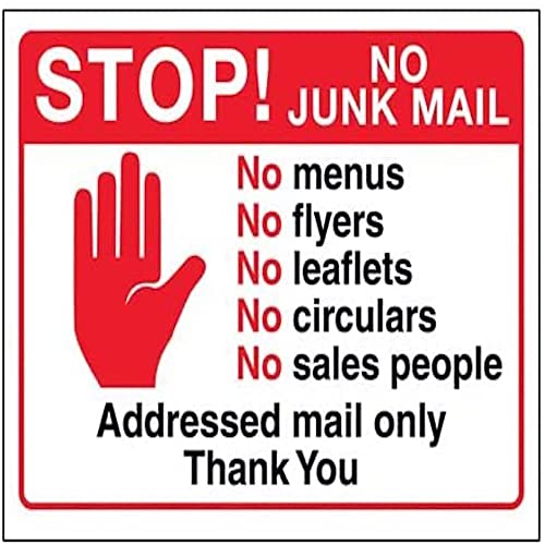 V Safety DP052AR-S Schild mit Aufschrift Stop Hand: No Junk, Adressed Mail Only 200 mm x 150 mm, selbstklebendes Vinyl, rot, 200mm x 150mm von V Safety