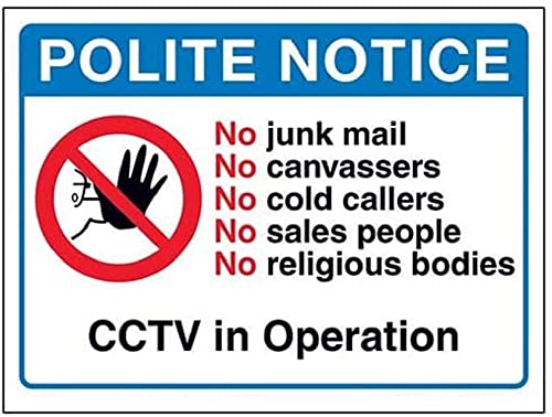 V Safety DP063AR-W Schild mit Aufschrift Polite Notice: No Cold Callers, CCTV in Operation 200 mm x 150 mm – Fensteraufkleber, blau, 200mm x 150mm von V Safety