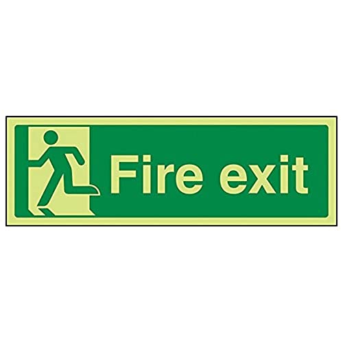 VSafety Notausgangsschild „Fire Exit“, leuchtet in der Dunkelheit, mit Mann auf linker Seite, Hartplastik, 300 x 100 mm von VSafety