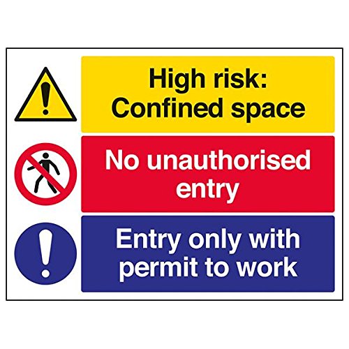 VSafety Signs – 6C025BF-R – Warnschild für Baustelle – starrer Kunststoff – beengter Raum/keine unbefugte Eintragung/Arbeitsgenehmigung – 400 x 300 mm – 3 Stück von VSafety