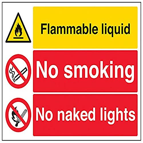 VSafety Signs englisches Warnschild „Flammable Liquid/No Smoking/No Naked Lights", Querformat, 400 x 300 mm, 1 mm starrer Kunststoff von VSafety