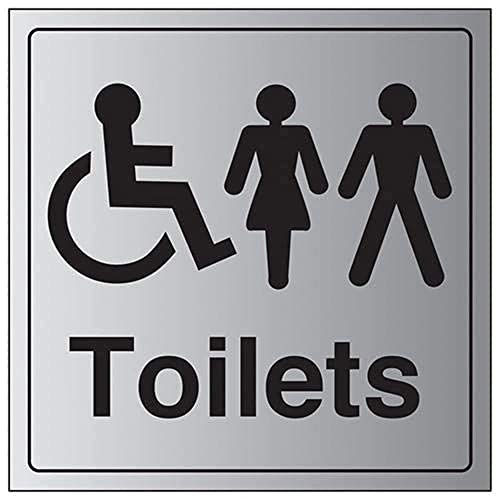 VSafety WC-Schild mit Aufschrift „Toilets“, mit Herren-, Damen- und Rollstuhlsymbol, 150 x 150 mm, 1,6 mm, Aluminium, starrer Kunststoff von VSafety