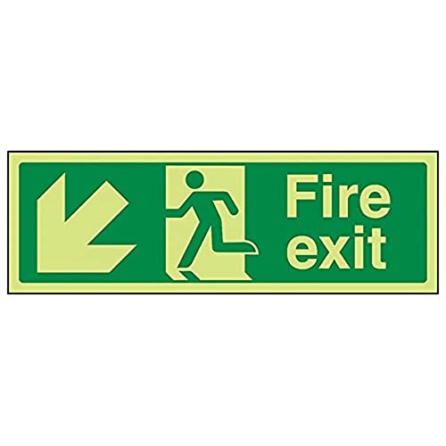 VSafety Warnschild „Fire Exit“, 300 x 100 mm, fester Kunststoff, leuchtet im Dunken, Pfeil nach links unten - Hartkunststoff von VSafety