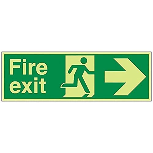 VSafety Warnschild „Fire Exit“, 600 x 200 mm, fester Kunststoff, leuchtet in der Dunkelheit, Pfeil rechts von VSafety