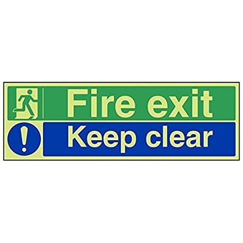 VSafety englisches Notausgangsschild „Fire Exit Keep Clear“, leuchtet im Dunklen, Hartplastik, 450 x 150 mm von VSafety