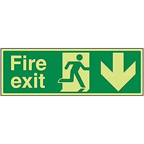 VSafety englisches Warnschild „Fire Exit“, 450 x 150 mm, fester Kunststoff, leuchtet in der Dunkelheit, Pfeil runter von VSafety