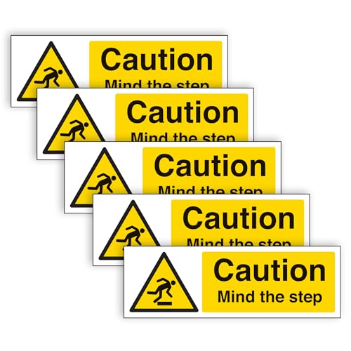 Warnschild mit Aufschrift "Caution Mind the Step" – gut sichtbares und langlebiges selbstklebendes Vinyl – 300 mm x 100 mm (5 Stück) von VSafety