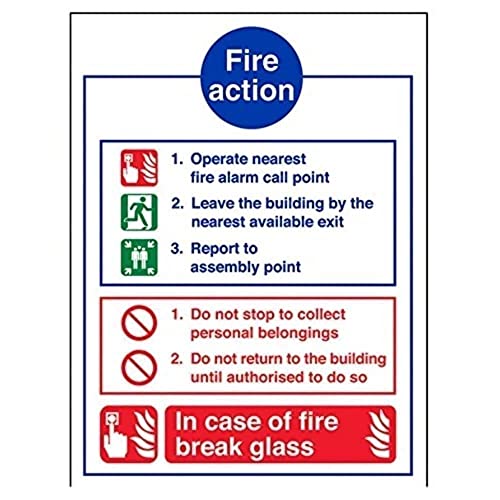 vsafety 12012 an-s Fire Action Sign, allgemeine Fire Action/Break Glas, selbstklebend, Hochformat, 150 mm x 200 mm x 200 mm, blau/grün/rot von VSafety