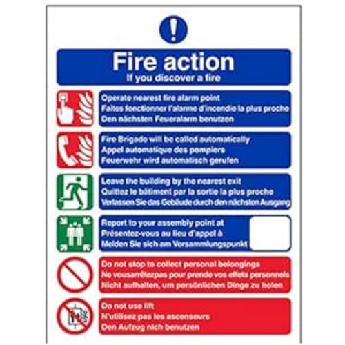 VSafety Multi-Lingual Fire Action 6 Punkte Schild - Hochformat - 150 mm x 200 mm - 1 mm starrer Kunststoff von V Safety