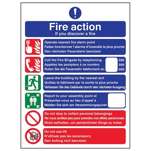 vsafety 12028 an-r Fire Action Sign, INT Fire Action/Wenn Sie entdecken eine Fire,150 mm x 200 mm - 1 mm starrer Kunststoff von V Safety