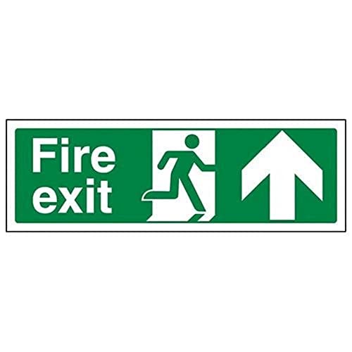 VSafety Schild mit Aufschrift auf Englisch „Fire Exit“ und einem Pfeil nach oben – Querformat – 300 mm x 100 mm – selbstklebendes Vinyl von VSafety