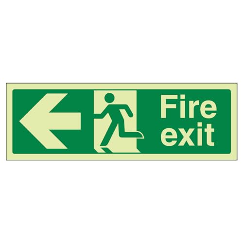 VSafety Warnschild mit englischer Aufschrift „Fire Exit“ und Pfeil nach links, leuchtet im Dunkeln, 300 mm x 100 mm, fester Kunststoff von VSafety