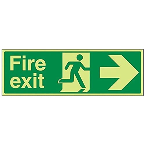 VSafety Warnschild „Fire Exit“, 450 x 150 mm, fester Kunststoff, leuchtet in der Dunkelheit, Pfeil rechts von VSafety