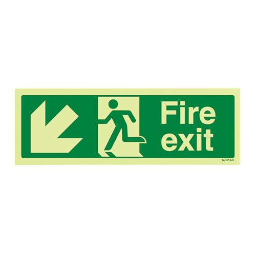 VSafety Warnschild „Fire Exit“, 300 x 100 mm, fester Kunststoff, leuchtet im Dunken, Pfeil nach links unten - Hartkunststoff von VSafety