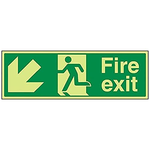 VSafety Warnschild „Fire Exit“, 450 x 150 mm, leuchtet im Dunkeln, Pfeil nach links unten, Hartkunststoff VSafety Warnschild „Fire Exit“, 450 x 150 mm, leuchtet im Dunkeln, Pfeil nach links unten, Hartkunststoff von VSafety