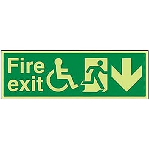 vsafety 14031bj-g "Rad Stuhl Fire Exit mit Pfeil Text Down" Sign, Glow In Dark, 1 mm Kunststoff, Landschaft, 450 mm x 150 mm, grün von VSafety