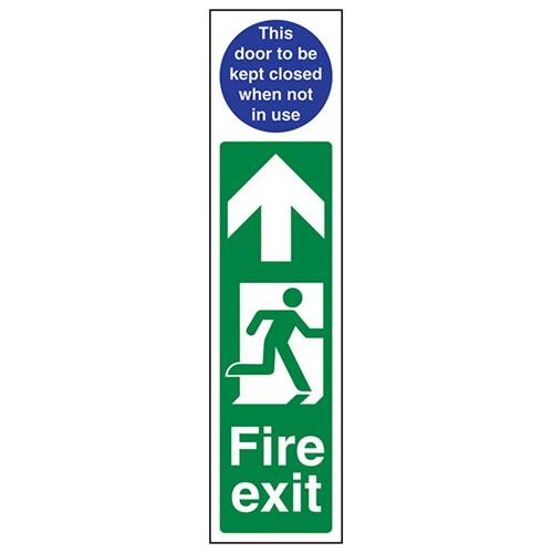 vsafety 15009 ad-s Fire Door Teller Zeichen, Fire Exit Tür Teller MAN RECHTS/Tür muss geschlossen werden, selbstklebend, Hochformat, 75 mm x 300 mm, blau/grün von VSafety