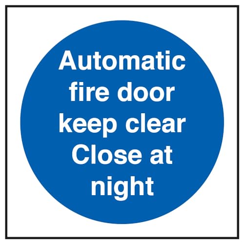 vsafety 18014 Fototapete AF-S "Automatische Fire Door Keep Clear. Schließen bei Nacht" Pflicht Schilder, selbstklebendes Vinyl, quadratisch, 100 mm x 100 mm, blau von VSafety