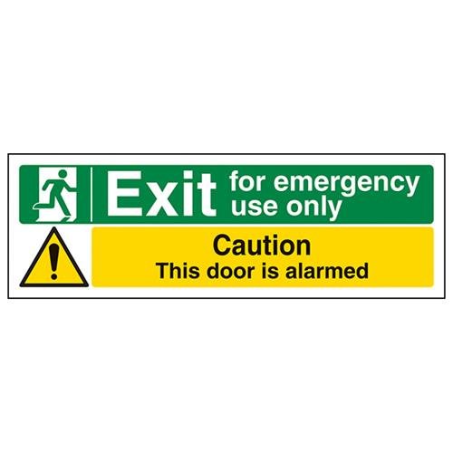 vsafety 21012 ax-r Sicherer Zustand Exit Schild, EXIT für Notfall Verwendung nur/Tür beunruhigt, Landschaft, 1 mm starrer Kunststoff, 300 mm x 100 mm, schwarz, grün, gelb von VSafety