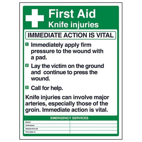 vsafety 31032bc-s "Erste Hilfe Messer Verletzungen Poster" Erste Hilfe Allgemeine Schild, selbstklebend, Porträt, 300 mm x 400 mm, schwarz/grün von VSafety