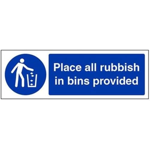 vsafety 43024 ax-s Pflicht Allgemeine Schild, selbstklebend, Platz alle Müll in Mülleimer," Landschaft, 300 mm x 100 mm, blau von VSafety