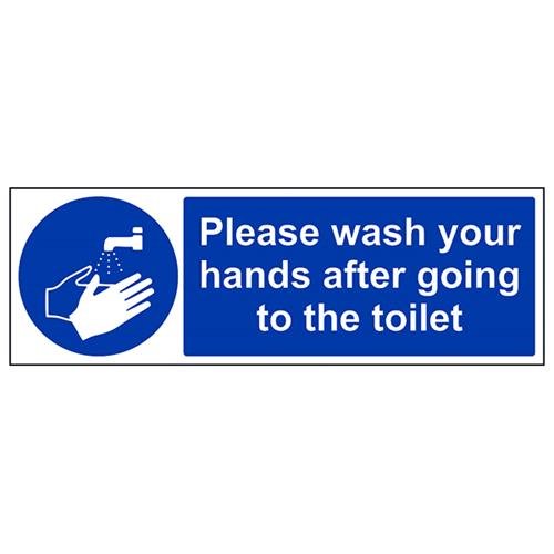 VSafety Bitte waschen Sie Ihre Hände nach dem Toilettenschild, Querformat, 450 x 150 mm, 1 mm starrer Kunststoff von V Safety