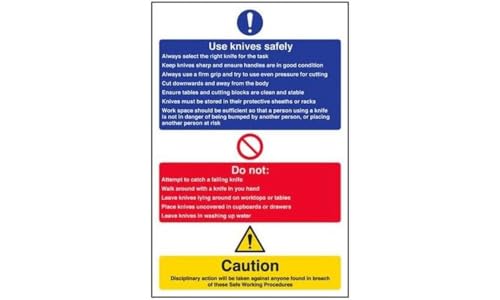 vsafety 44004 au-s Pflicht Catering Schild, selbstklebend, Messer sicher verwenden Hinweis, Portrait, 200 mm x 300 mm, schwarz, blau, rot, gelb von VSafety