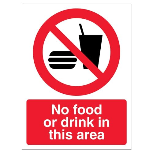 vsafety 53016 an-s "No Food or Drink in diesem Bereich" Verbot Allgemeine Schild, selbstklebend, Hochformat, 150 mm x 200 mm x 200 mm, schwarz/rot von VSafety