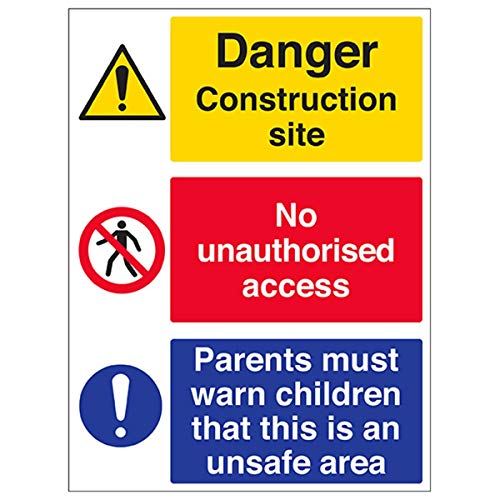 VSafety Warnschild „Multi Hazard Site Safety Must Warn Children“, Hochformat, 300 mm x 400 mm, selbstklebendes Vinyl von VSafety