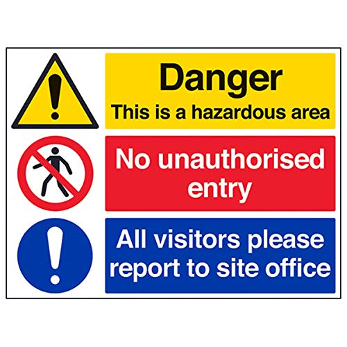 VSafety Warnschild in englischer Sprache "Hazardous Area/No Unauthorised Entry/Report To Site Office", Querformat, 400 mm x 300 mm, selbstklebendes Vinyl VSafety Warnschild in englischer Sprache "Hazardous Area/No Unauthorised Entry/Report To Site Office", Querformat, 400 mm x 300 mm, selbstklebendes Vinyl von VSafety