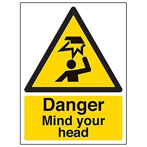 vsafety 63014 an-s "Danger Mind your head" Achtung Allgemeine Schild, selbstklebend, Hochformat, 150 mm x 200 mm x 200 mm, schwarz/gelb von VSafety