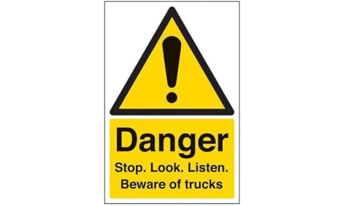 VSafety Danger Stop, Look, Listen Beware Of Trucks Schild – Hochformat – 200 mm x 300 mm – selbstklebendes Vinyl von V Safety