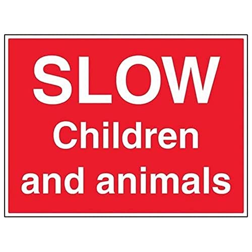 VSafety Schild mit englischer Aufschrift „Slow, Children And Animals“ – Querformat – 600 mm x 450 mm – 1 mm starrer Kunststoff von VSafety